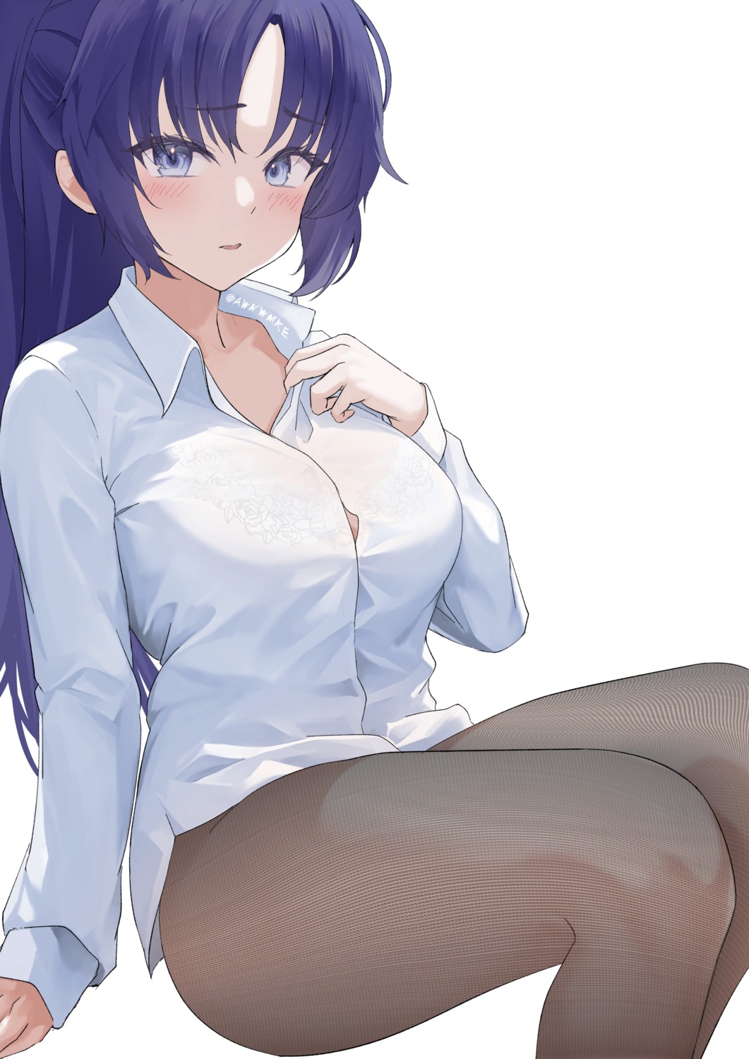 awnwmke blue_archive bra dress_shirt hayase_yuuka pantyhose see_through undressing