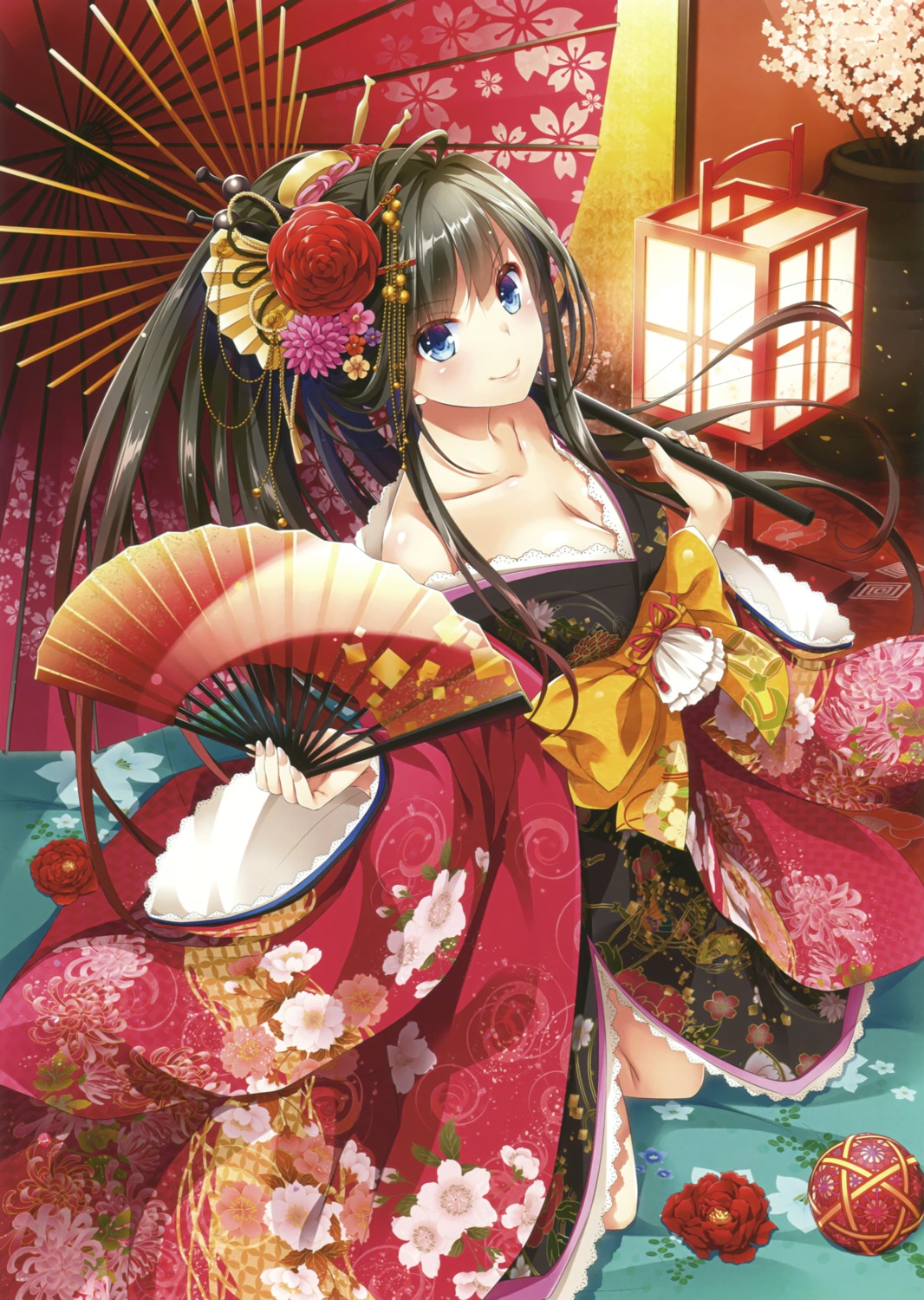 cleavage japanese_clothes nakajima_yuka open_shirt umbrella