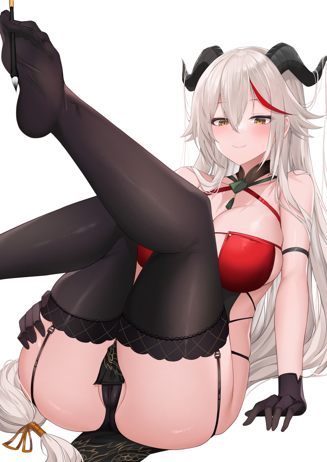 aegir_(azur_lane) azur_lane cameltoe deogho_(liujinzy9854) feet horns no_bra pantsu skirt_lift stockings thighhighs thong