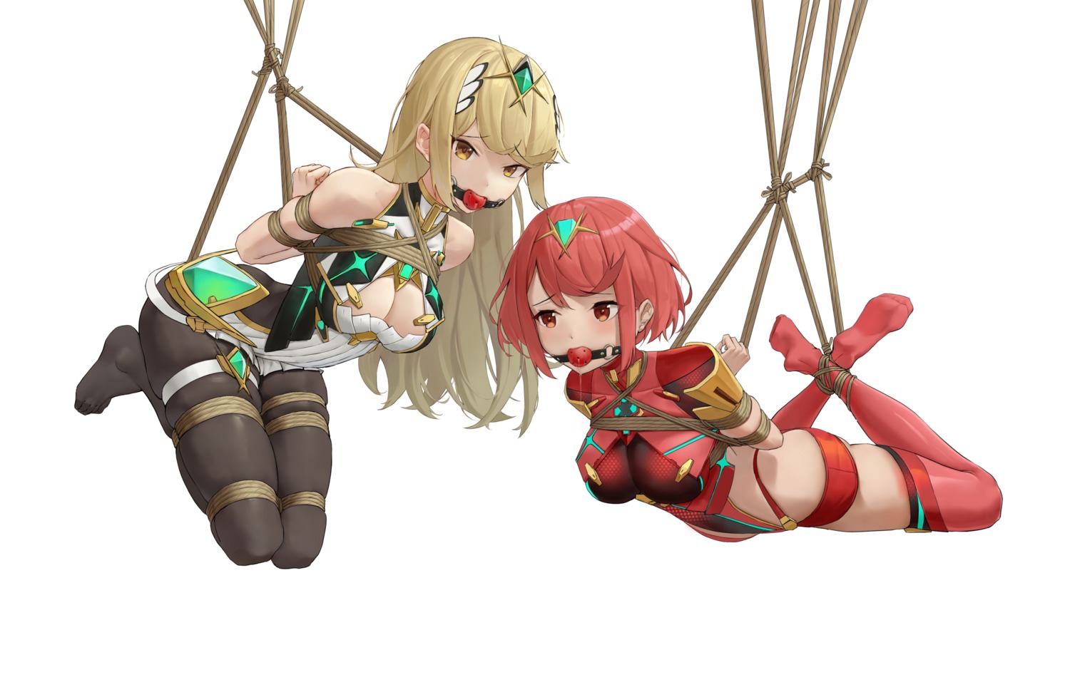 bondage garter hikari_(xenoblade_2) homura_(xenoblade_2) langhh leotard no_bra pantyhose thighhighs xenoblade_(series) xenoblade_2