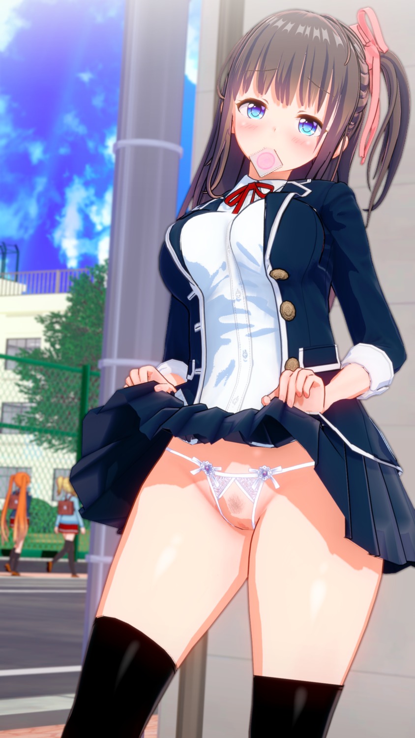 censored koikatsu_(illusion) lingerie minamo_rm pantsu pubic_hair pussy seifuku skirt_lift thighhighs thong