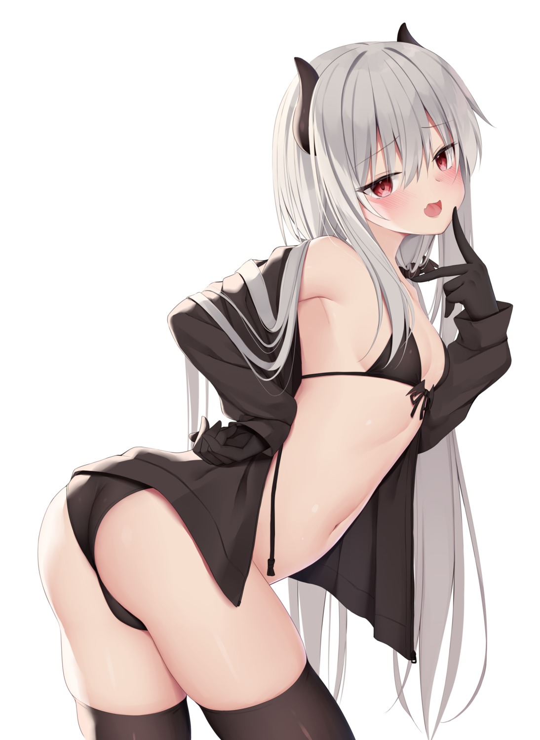 ass bikini horns kamu_(geeenius) open_shirt swimsuits thighhighs thong