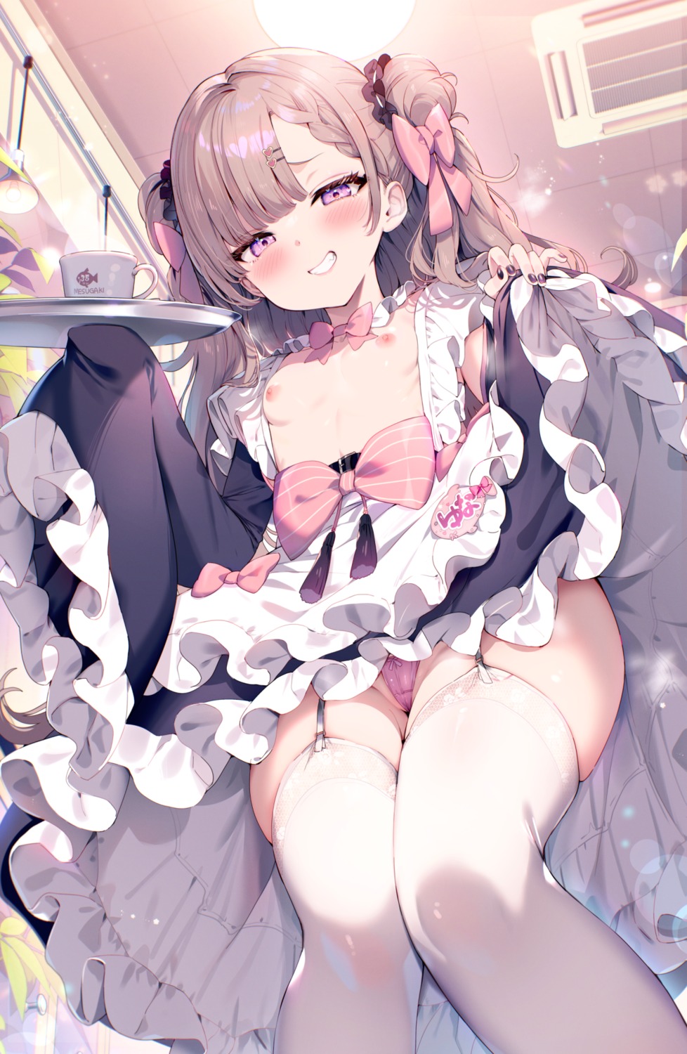 breasts cameltoe katto_(viking) loli maid nipples no_bra open_shirt pantsu skirt_lift stockings thighhighs thong waitress