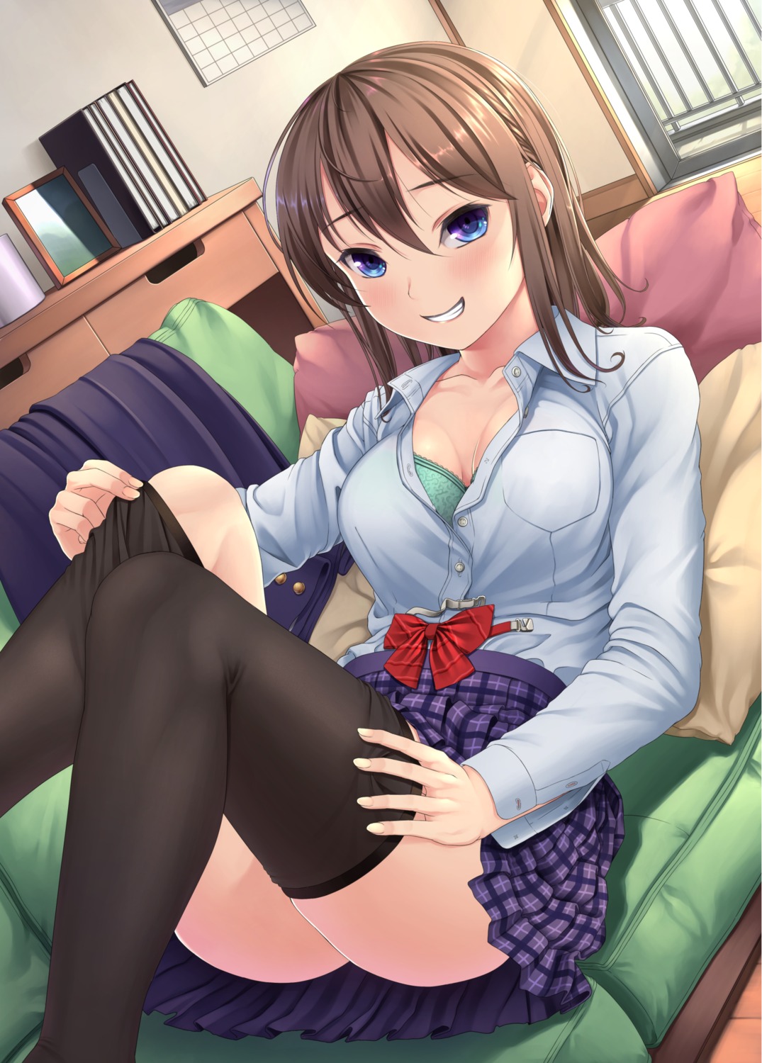 bra cleavage open_shirt seifuku skirt_lift tagme thighhighs undressing