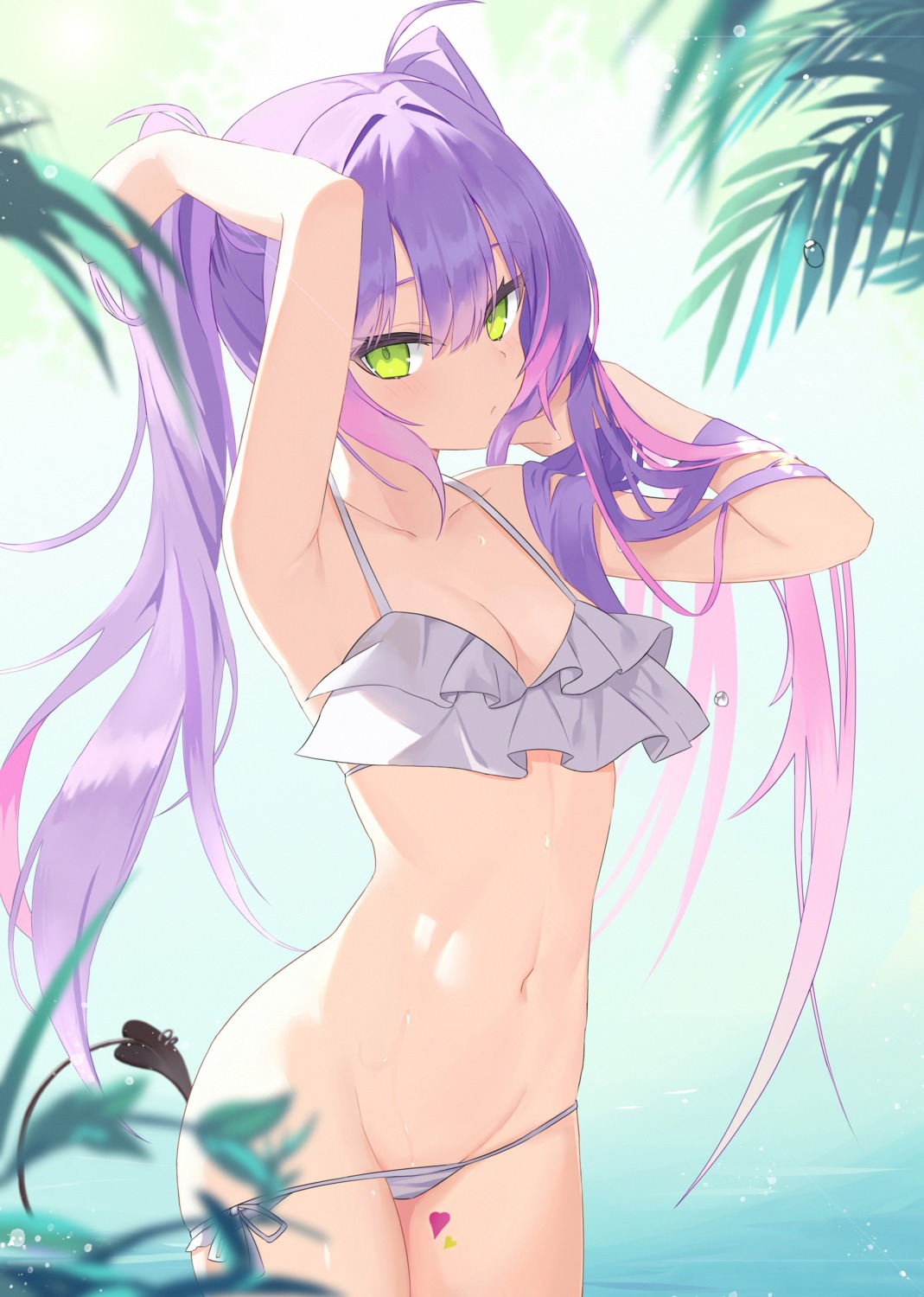 bikini cleavage hololive jiang_ye_kiri panty_pull swimsuits tail tattoo tokoyami_towa wet