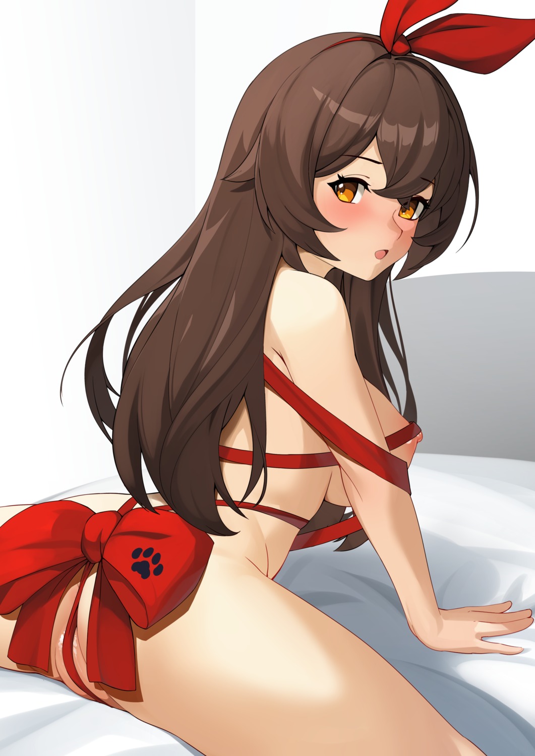 amber_(genshin_impact) ass ett genshin_impact naked_ribbon nipple_slip