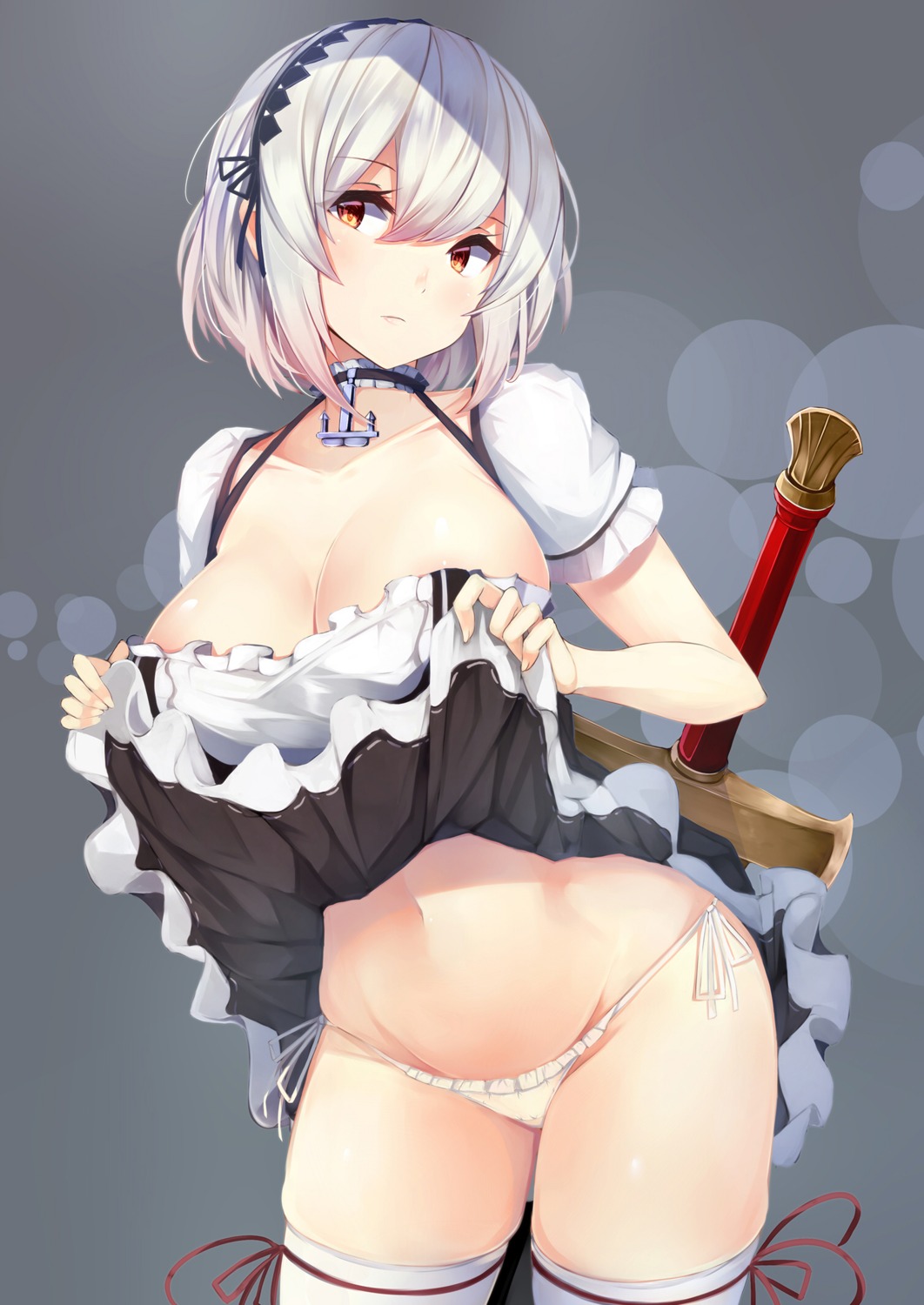 azur_lane cleavage irohasu maid pantsu sirius_(azur_lane) skirt_lift string_panties sword thighhighs