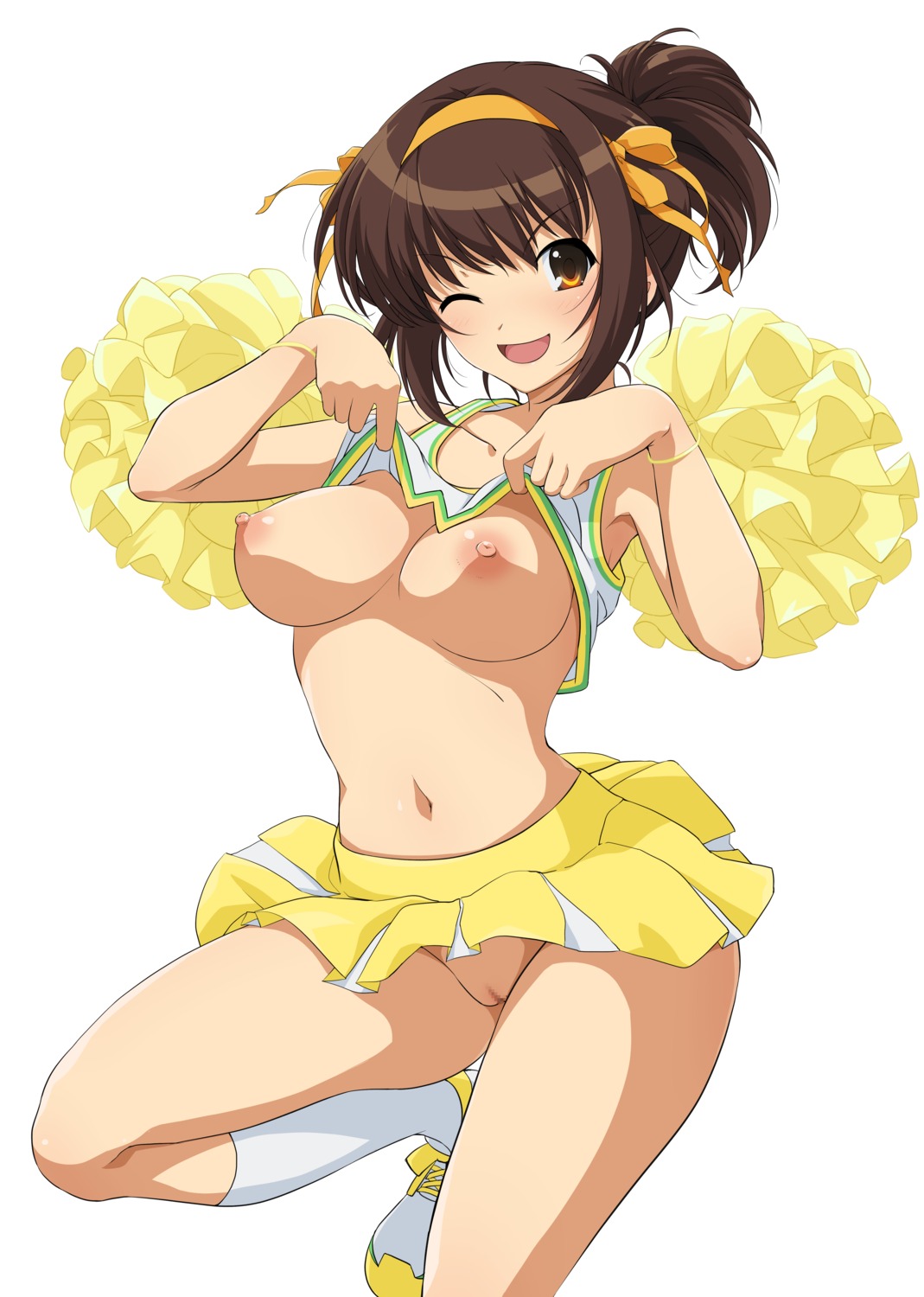 breasts censored cheerleader haruhisky nipples no_bra nopan pussy shirt_lift skirt_lift suzumiya_haruhi suzumiya_haruhi_no_yuuutsu