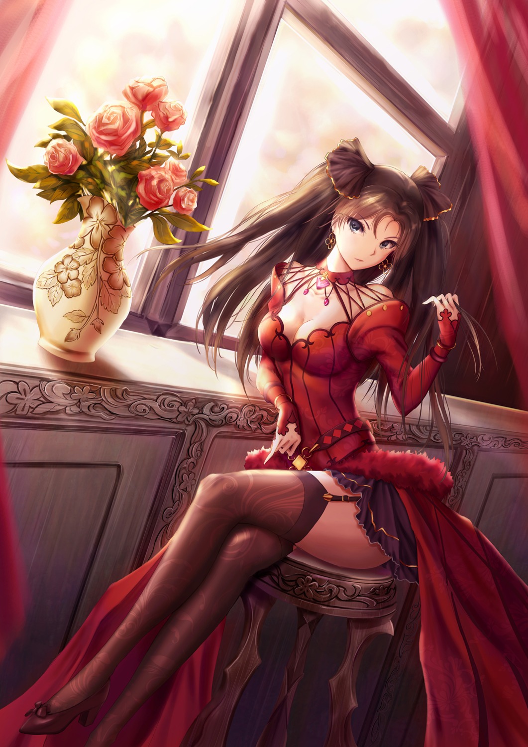 cleavage dress fate/stay_night heels stockings thighhighs toosaka_rin yuzuriha_(moon_yuzuriha)