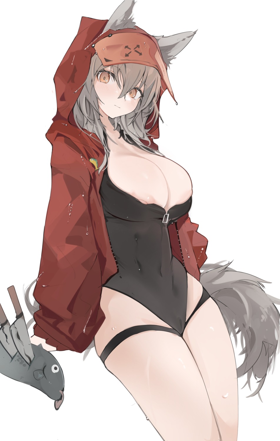 animal_ears arknights cameltoe garter leotard mikojin nipple_slip no_bra open_shirt projekt_red_(arknights) tail