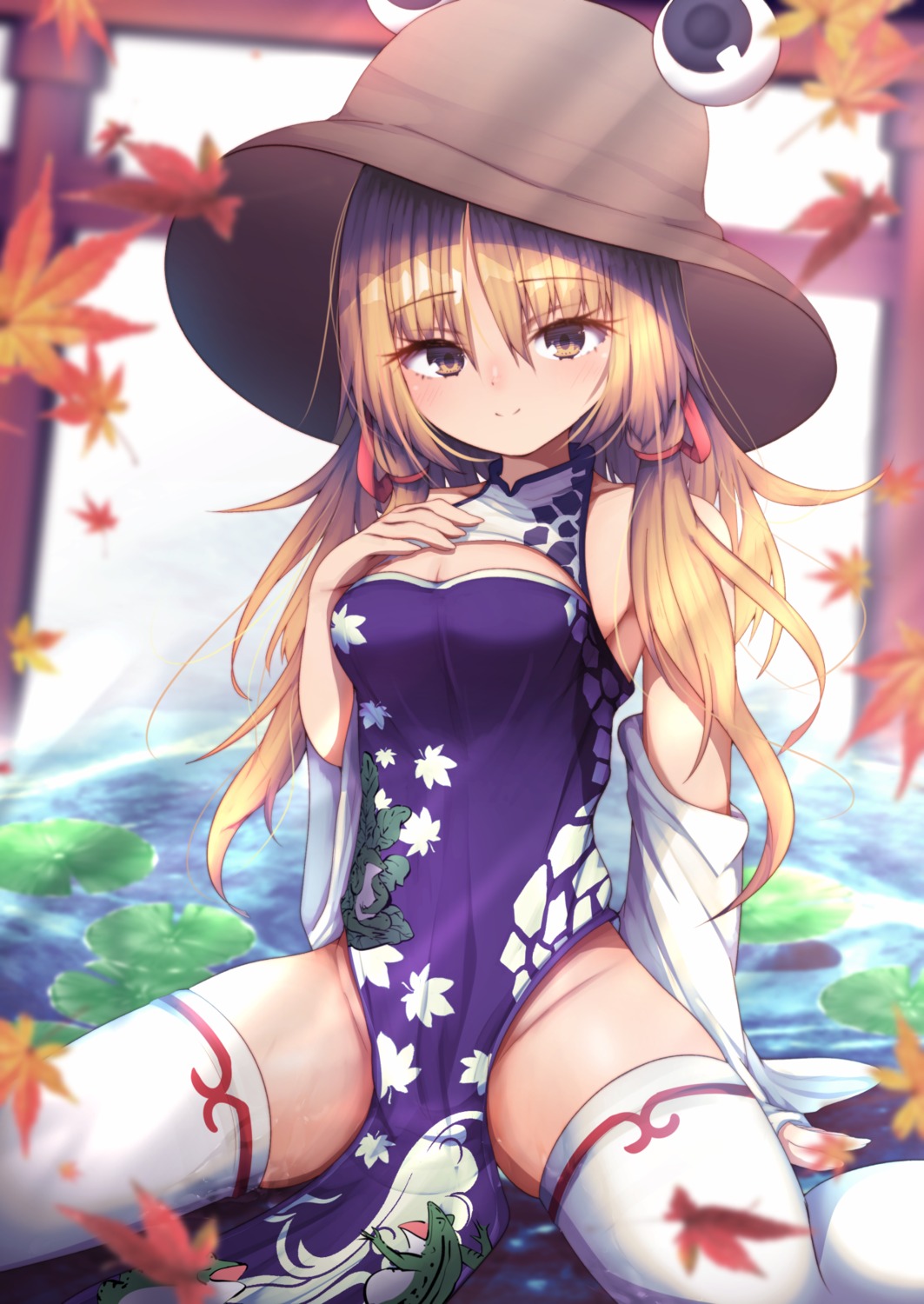 chinadress cleavage darumoon moriya_suwako thighhighs touhou wet