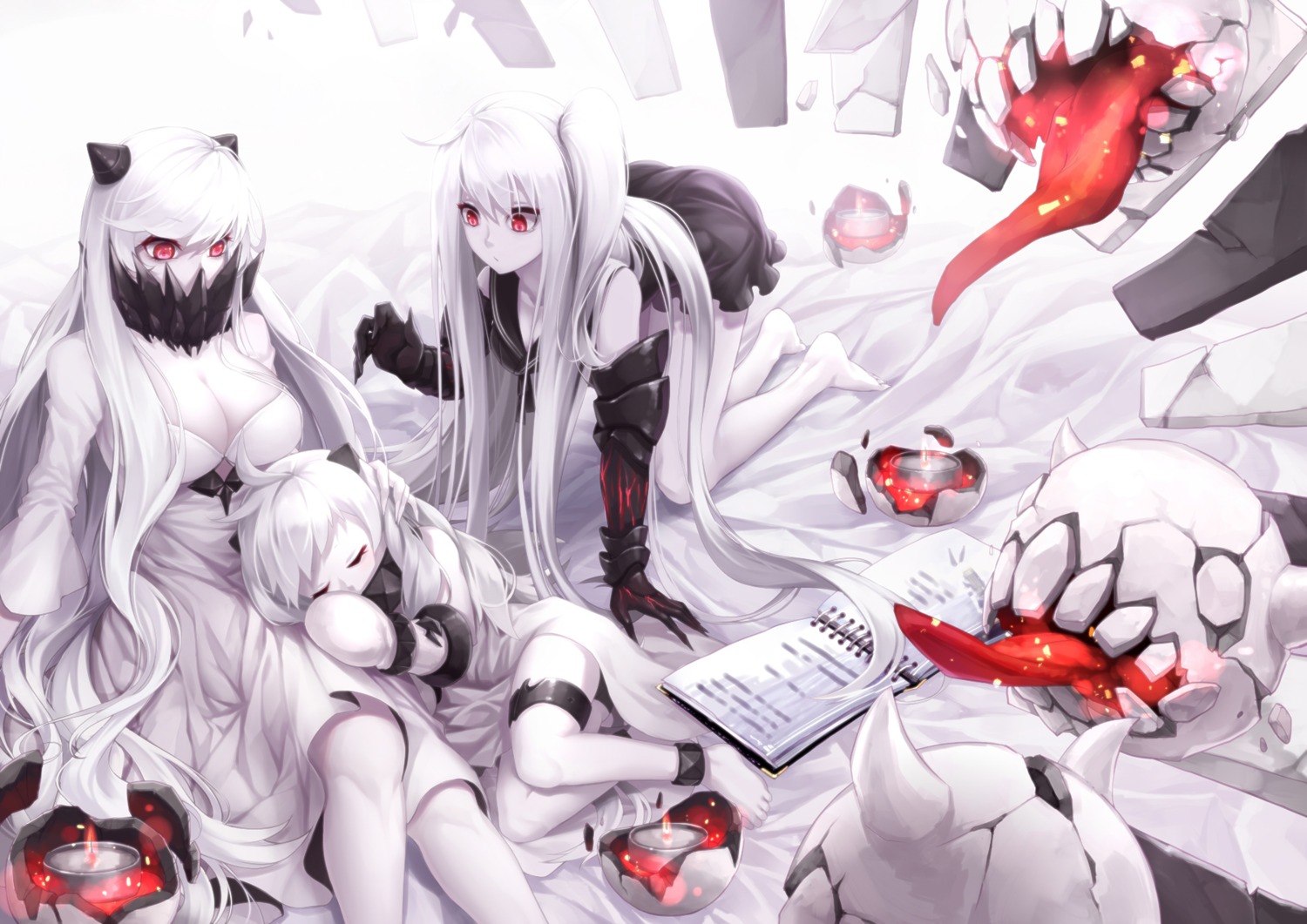 aircraft_carrier_oni cleavage curry_bowl dress feet horns kantai_collection midway_hime northern_ocean_hime seifuku