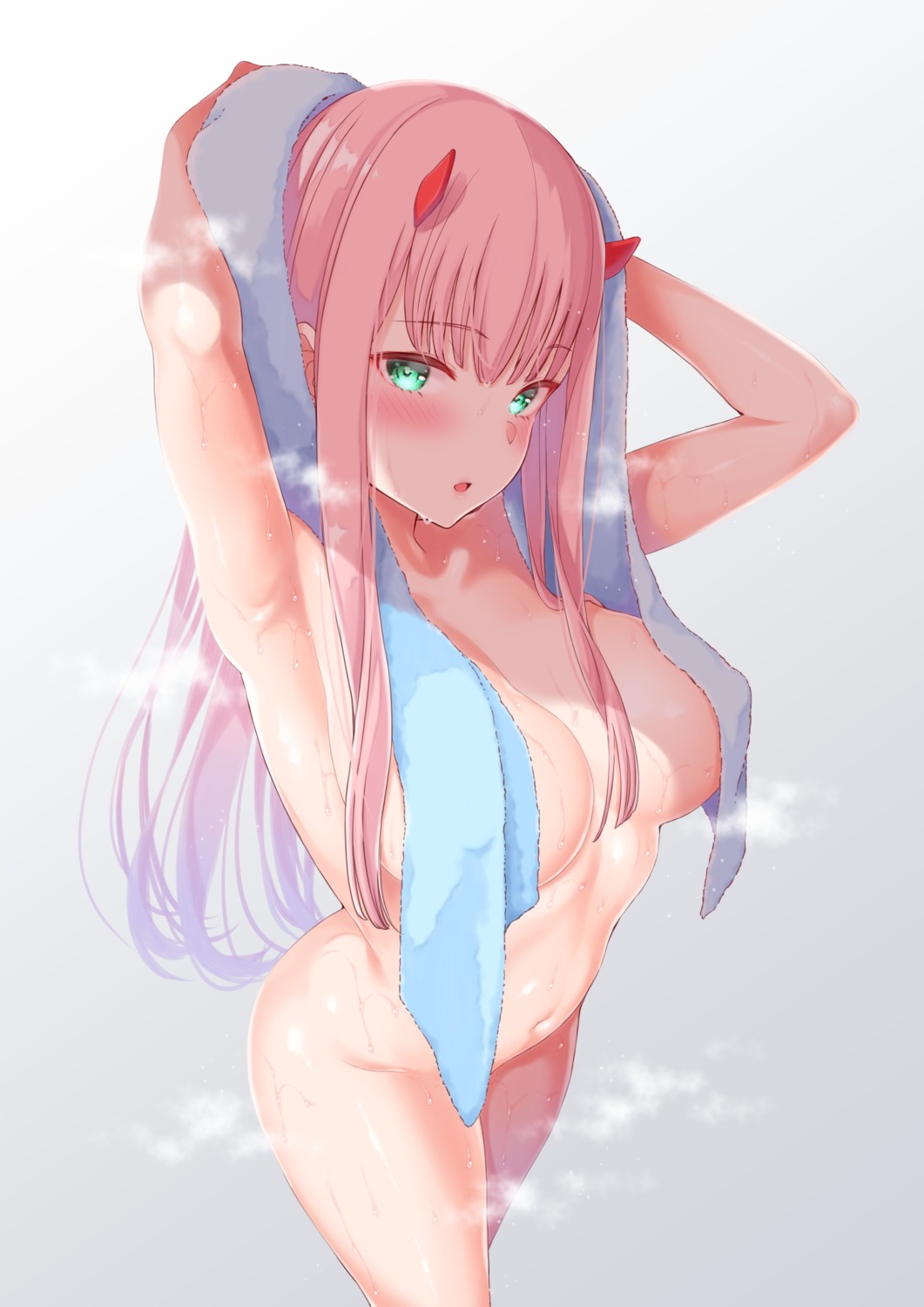 darling_in_the_franxx horns izure naked towel wet zero_two_(darling_in_the_franxx)