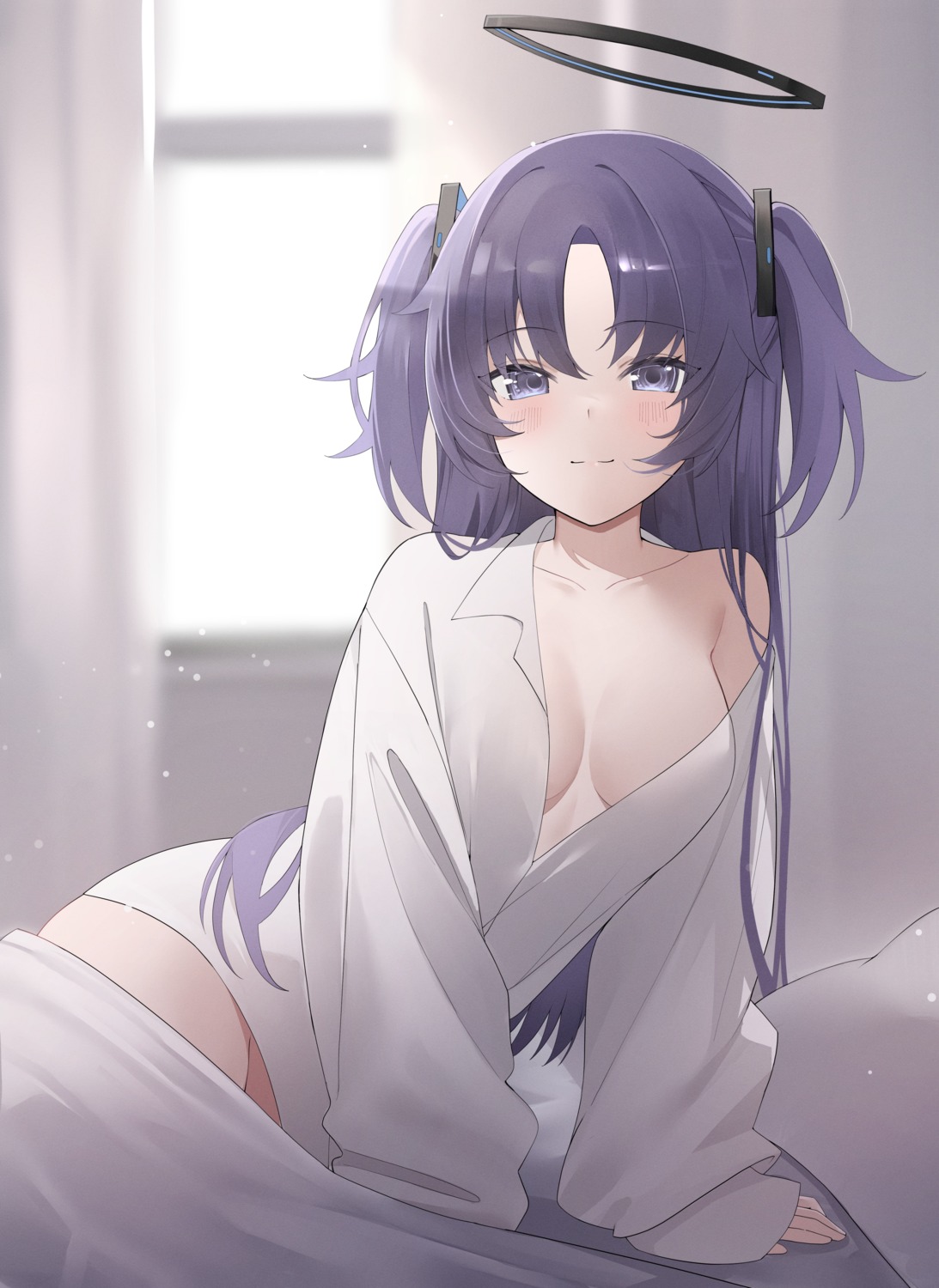 blue_archive dress_shirt halo hayase_yuuka no_bra open_shirt sheets yuuki02