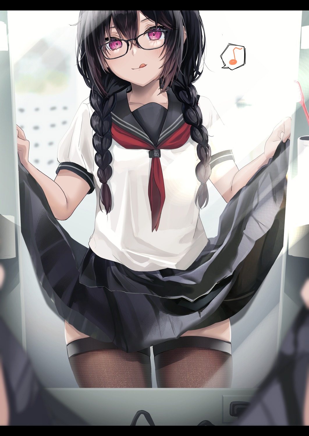 megane see_through seifuku skirt_lift thighhighs yufou