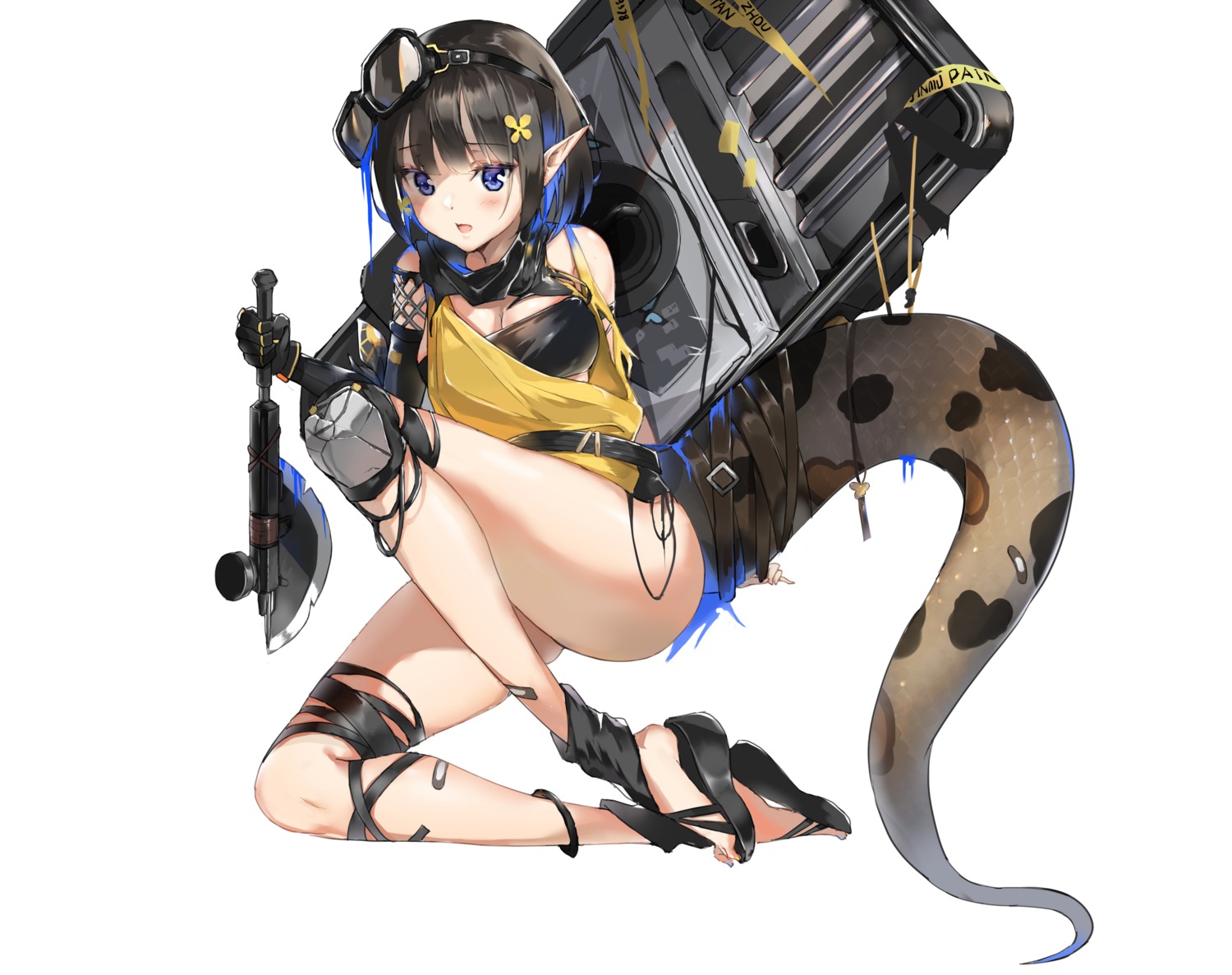 arknights bandaid cleavage eunectes_(arknights) pointy_ears see_through tail torn_clothes xiao_dingdang_nayo