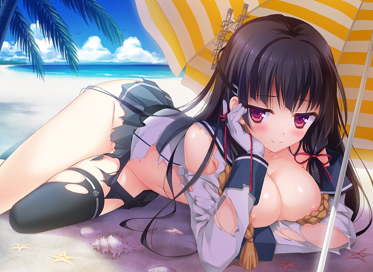 areola breasts isokaze_(kancolle) kantai_collection kimishima_ao nipple_slip no_bra nopan seifuku thighhighs torn_clothes