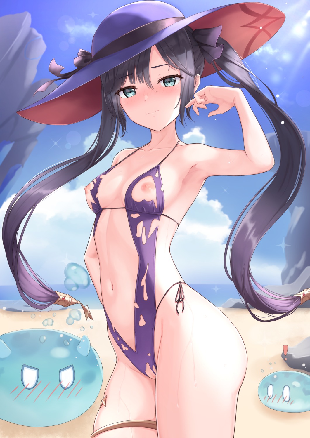 garter genshin_impact marinesnow mona_megistus nipples pussy sling_bikini swimsuits torn_clothes