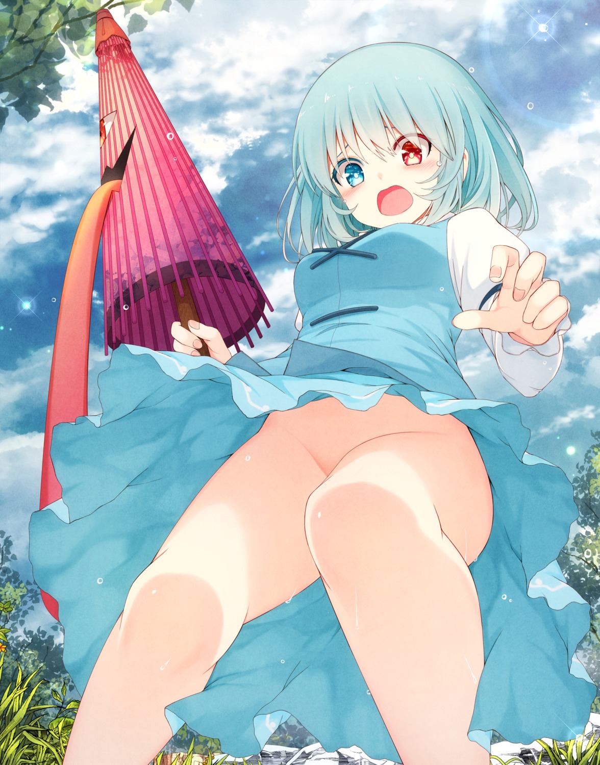 dress heterochromia mikoma_sanagi nopan skirt_lift tatara_kogasa touhou umbrella