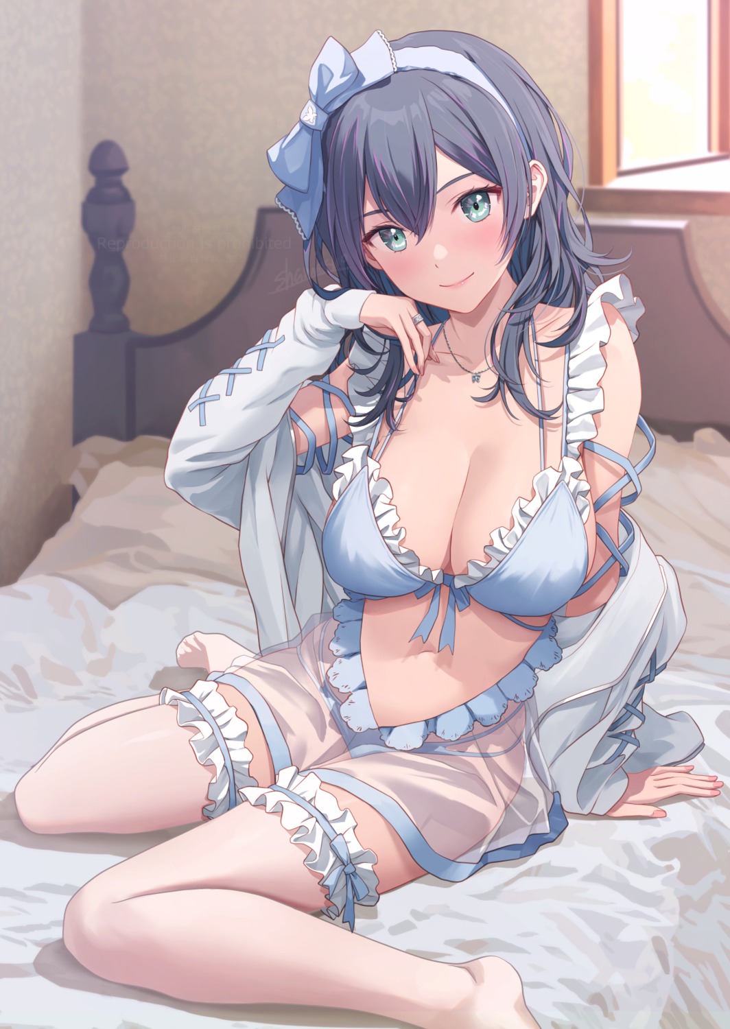 artist_revision bra garter kenzen_kanojo_uruka-chan lingerie open_shirt pantsu see_through shamakho thighhighs thong uruka_(kenzen_kanojo_uruka-chan) watermark