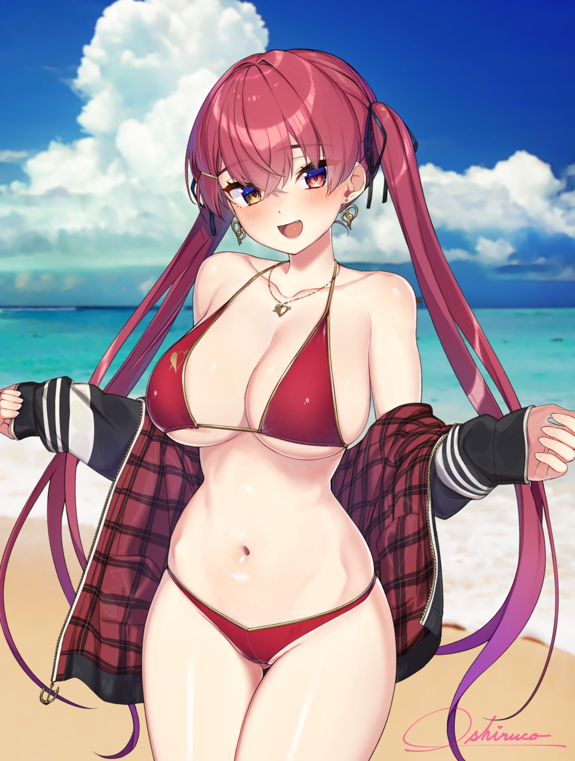 bikini heterochromia hololive houshou_marine open_shirt oshiruko_(oshiruco_212048) swimsuits