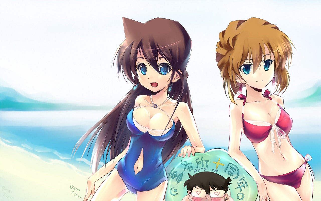 bikini bison_cangshu cleavage edogawa_conan haibara_ai megane meitantei_conan mouri_ran swimsuits wallpaper