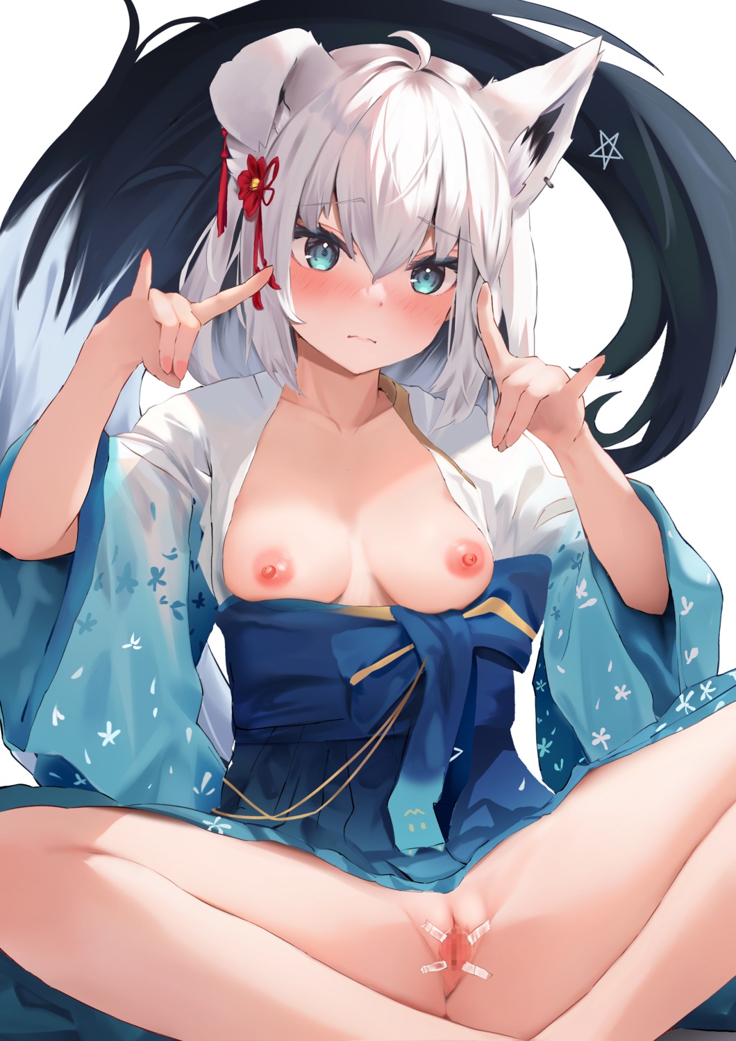 animal_ears breasts censored hololive hololive_gamers kimono kitsune nipples no_bra nopan open_shirt pussy shirakami_fubuki skirt_lift uechin_ewokaku