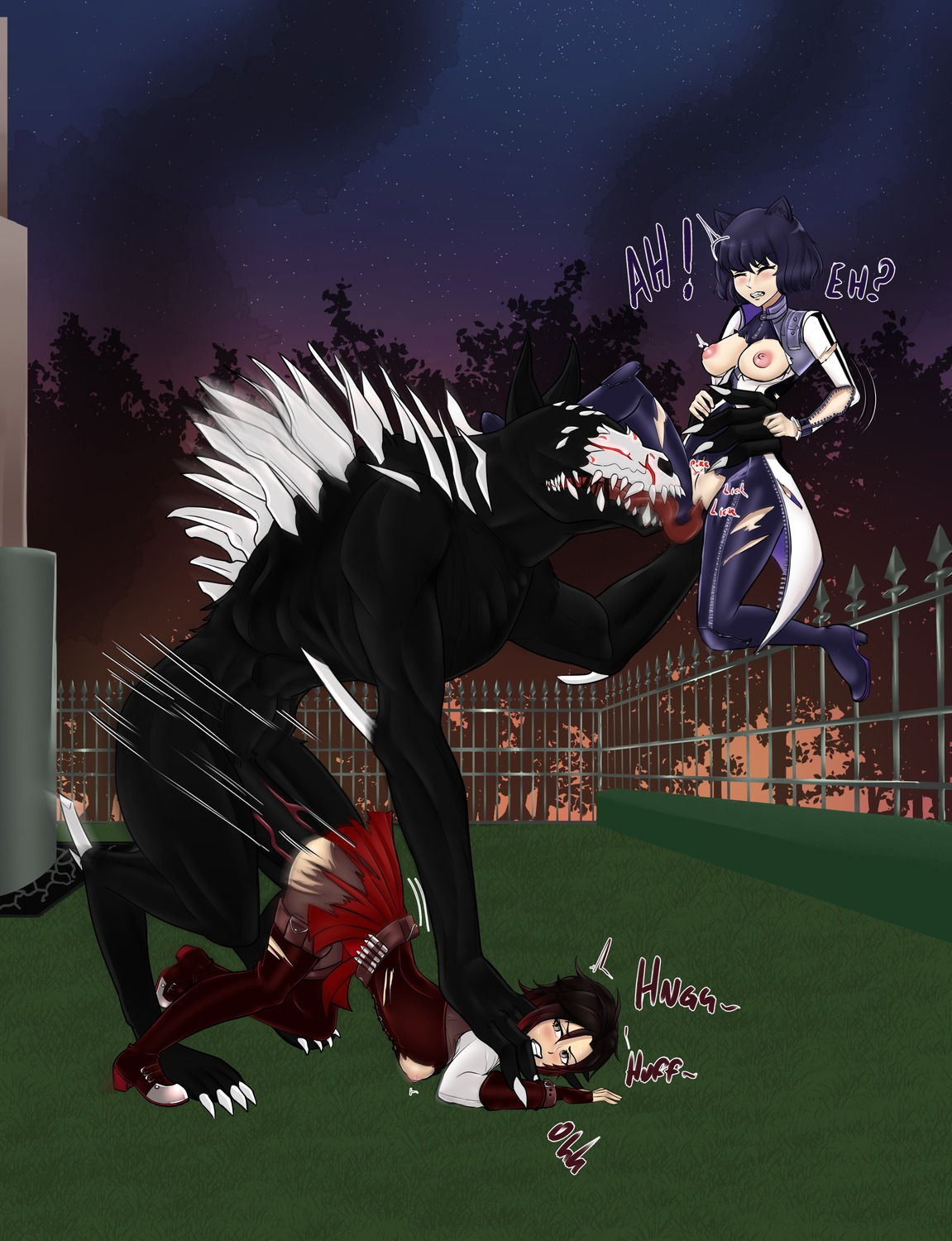 blake_belladonna breasts cunnilingus extreme_content garter heels monster nipples no_bra nopan pussy ruby_rose rwby sex tagme torn_clothes