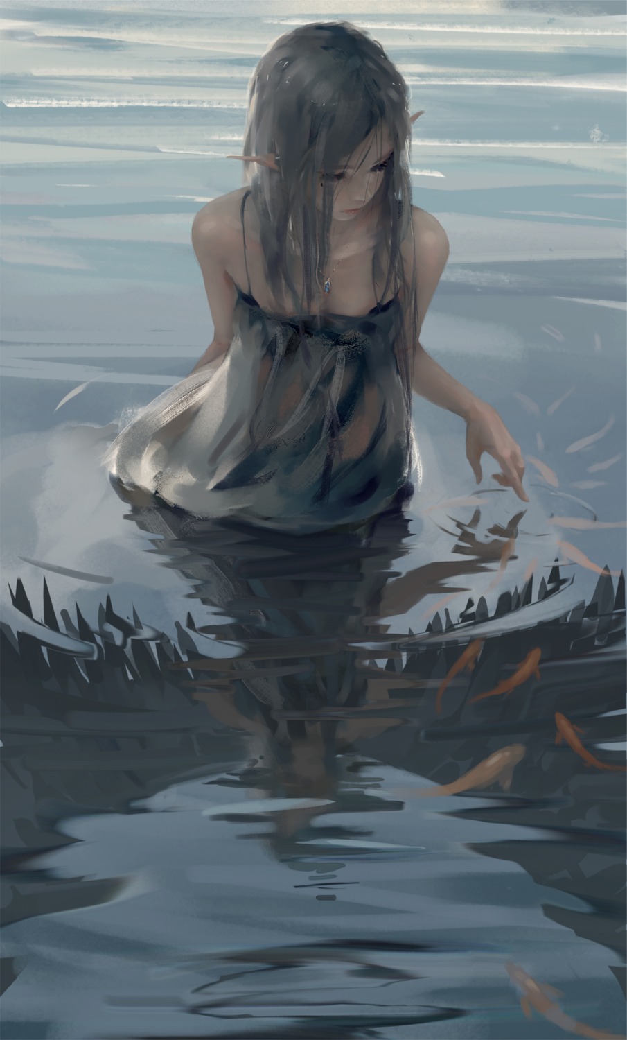 dress ghostblade no_bra pointy_ears see_through wet wet_clothes wlop