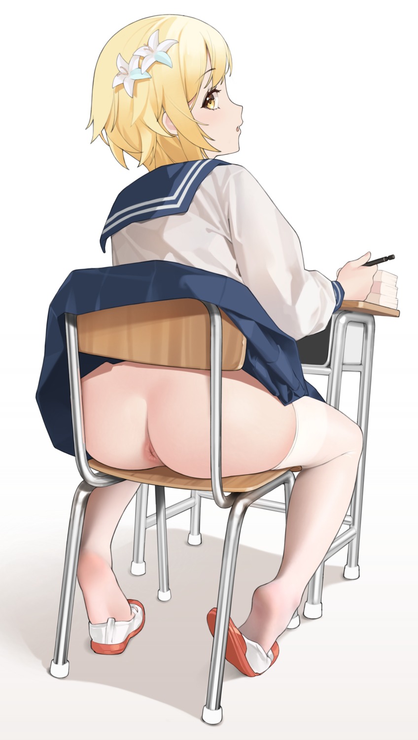 anus ass genshin_impact hyouuma lumine nopan seifuku skirt_lift thighhighs