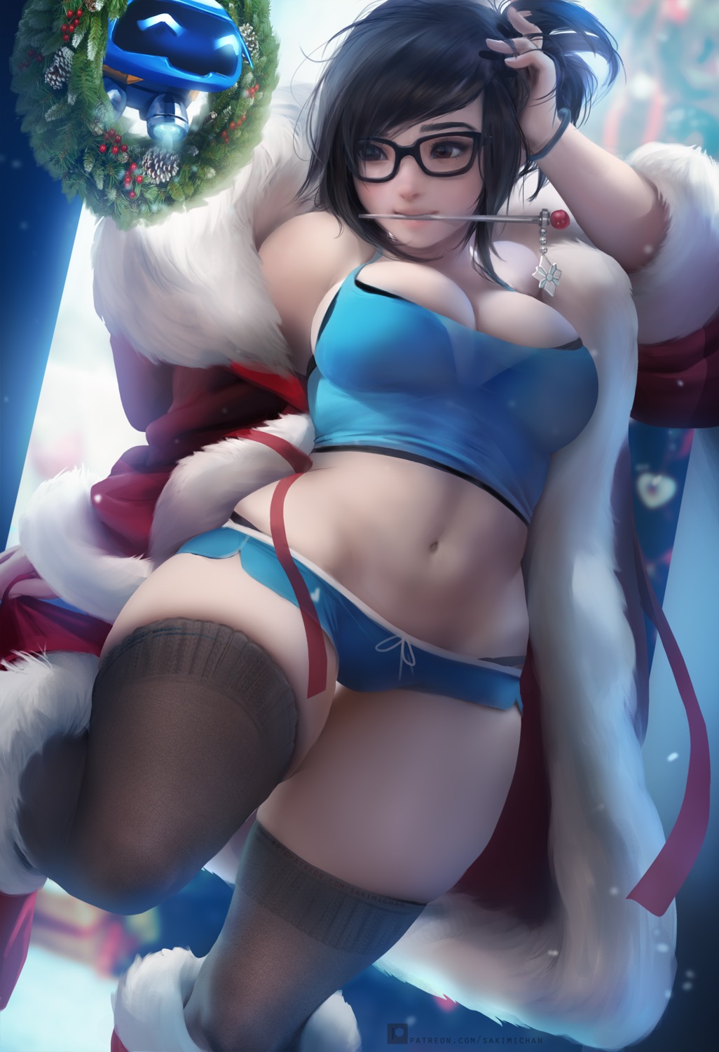 bra christmas cleavage megane mei_(overwatch) overwatch pantsu sakimichan see_through thighhighs