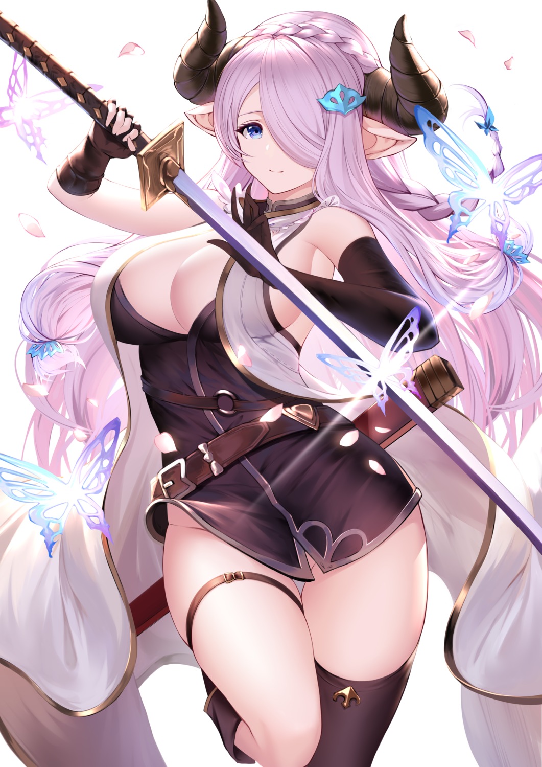 an_yasuri cleavage garter granblue_fantasy horns narumeia_(granblue_fantasy) no_bra nopan pointy_ears skirt_lift sword thighhighs