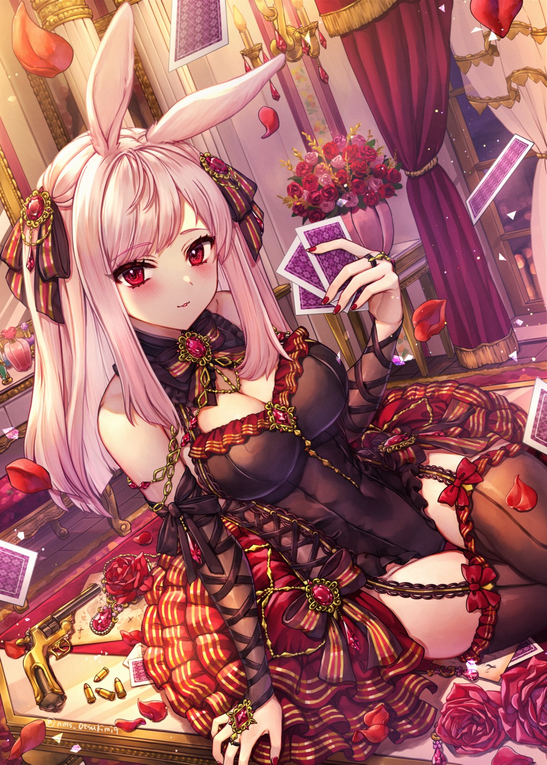 animal_ears bunny_ears bunny_girl cleavage gun no_bra stockings tamaso thighhighs