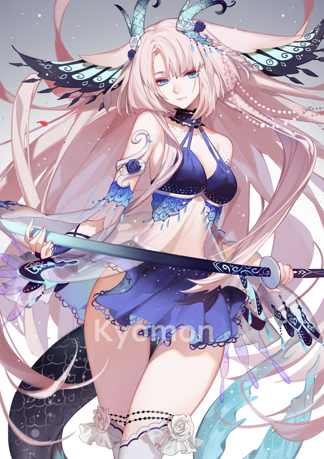 bikini_top cleavage horns kyomon see_through skirt_lift swimsuits sword thighhighs