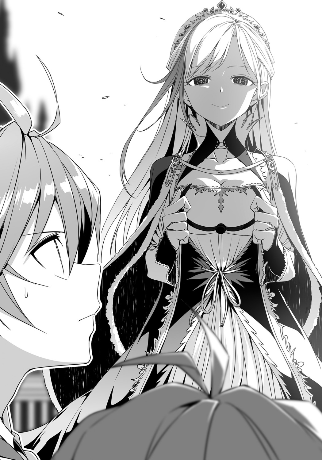 cleavage dress kasuga_ayumu_(artist) lux_arcadia monochrome philuffy_aingram raffi_atismata saijaku_muhai_no_bahamut