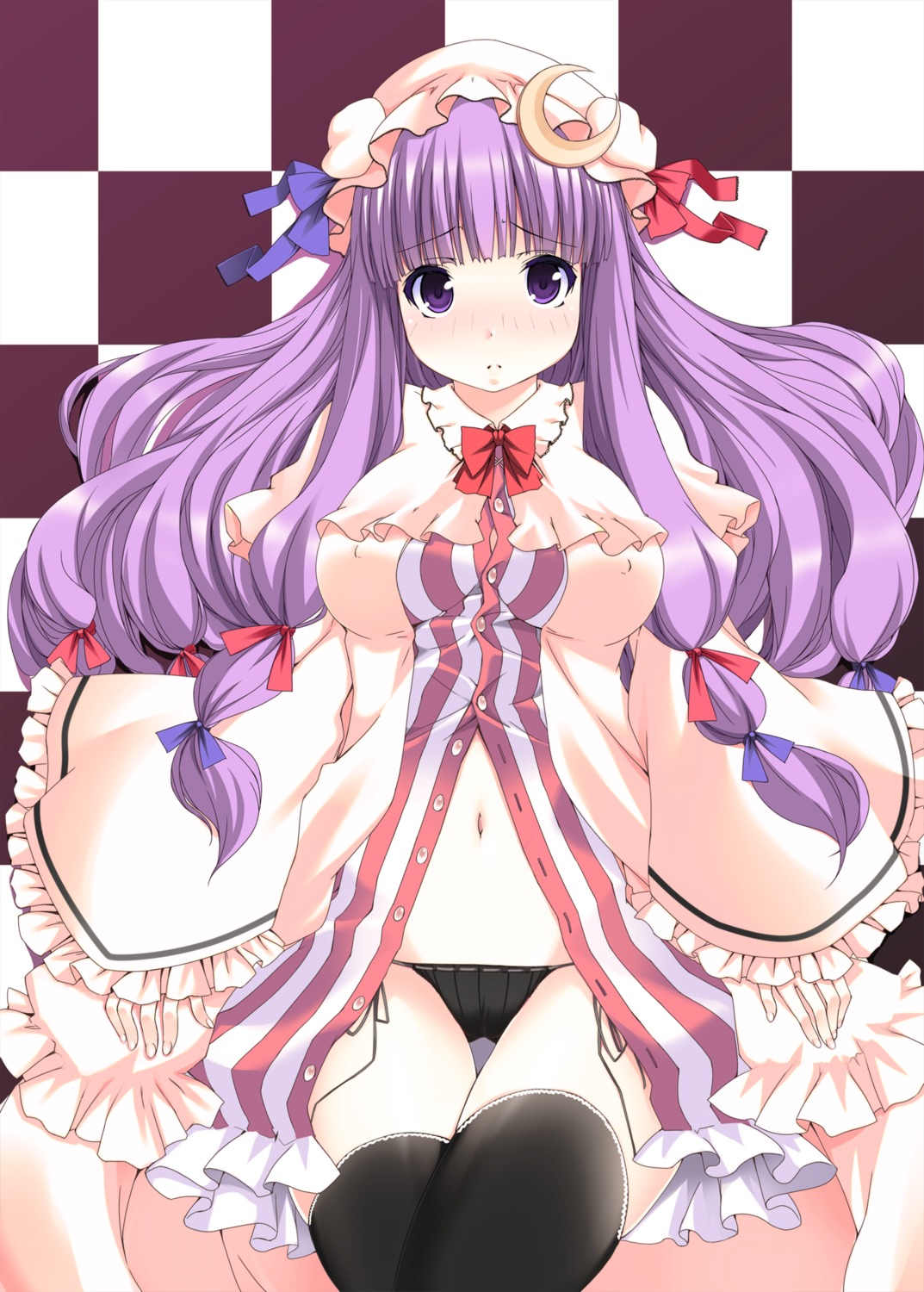 dress erect_nipples kaneru lolita_fashion open_shirt pantsu patchouli_knowledge string_panties thighhighs touhou