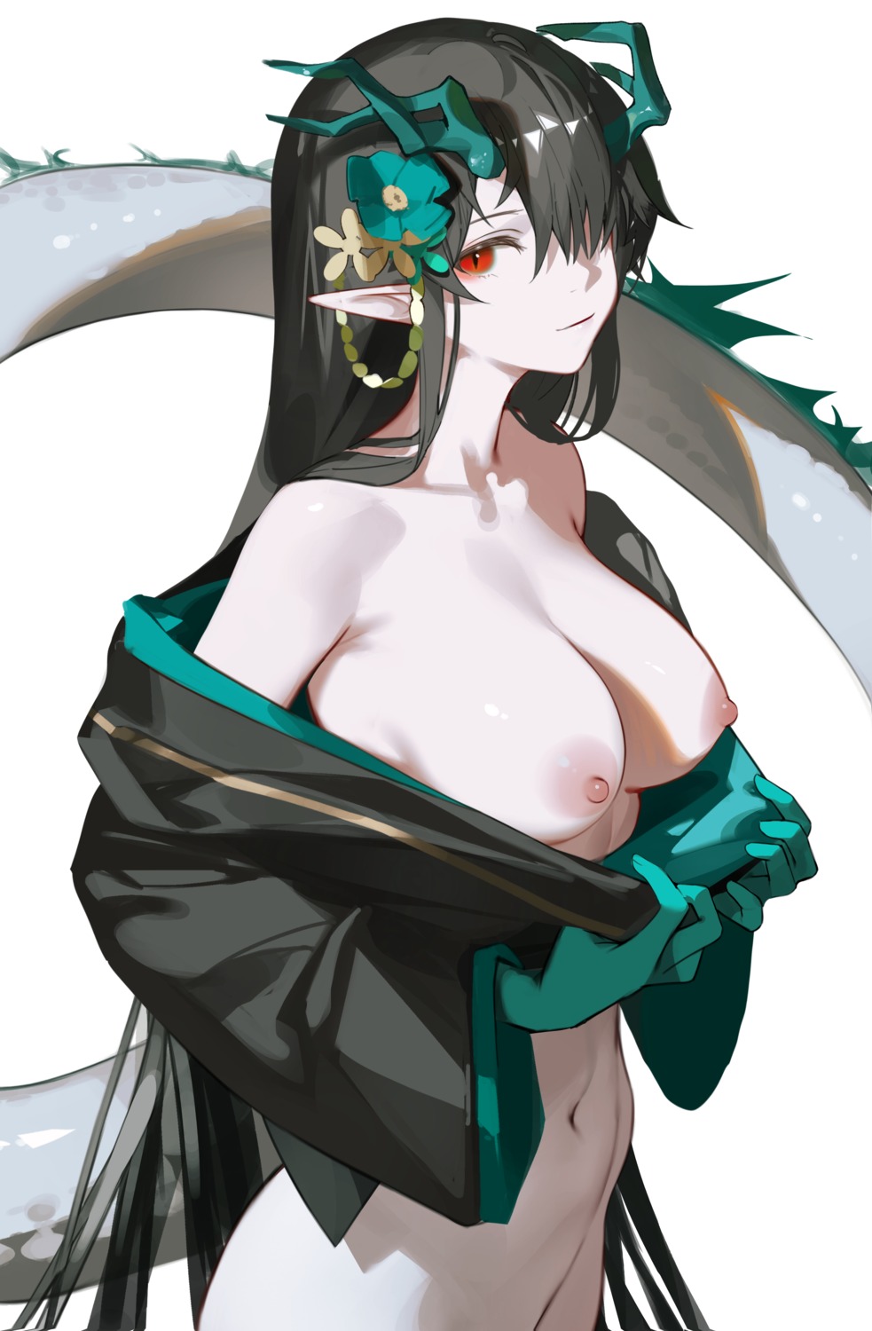 arknights asian_clothes bottomless breasts dusk_(arknights) horns iumu nipples no_bra open_shirt pointy_ears tail undressing