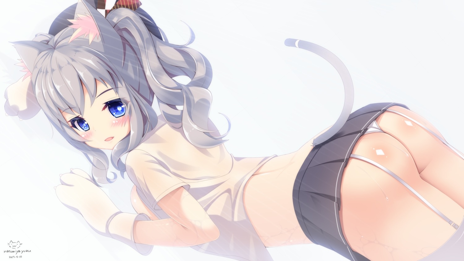 animal_ears ass kantai_collection kashima_(kancolle) natsumiya_yuzu nekomimi no_bra open_shirt pantsu stockings thighhighs thong wallpaper