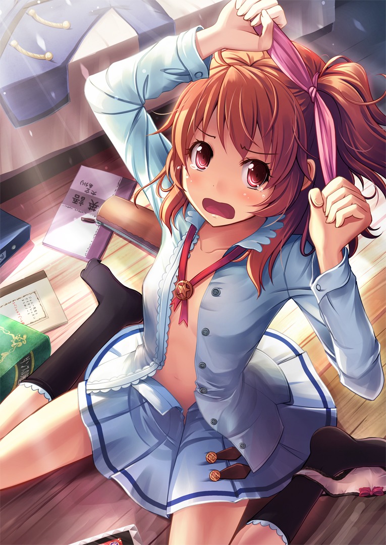 aikatsu! akashio no_bra oozora_akari open_shirt panty_pull seifuku