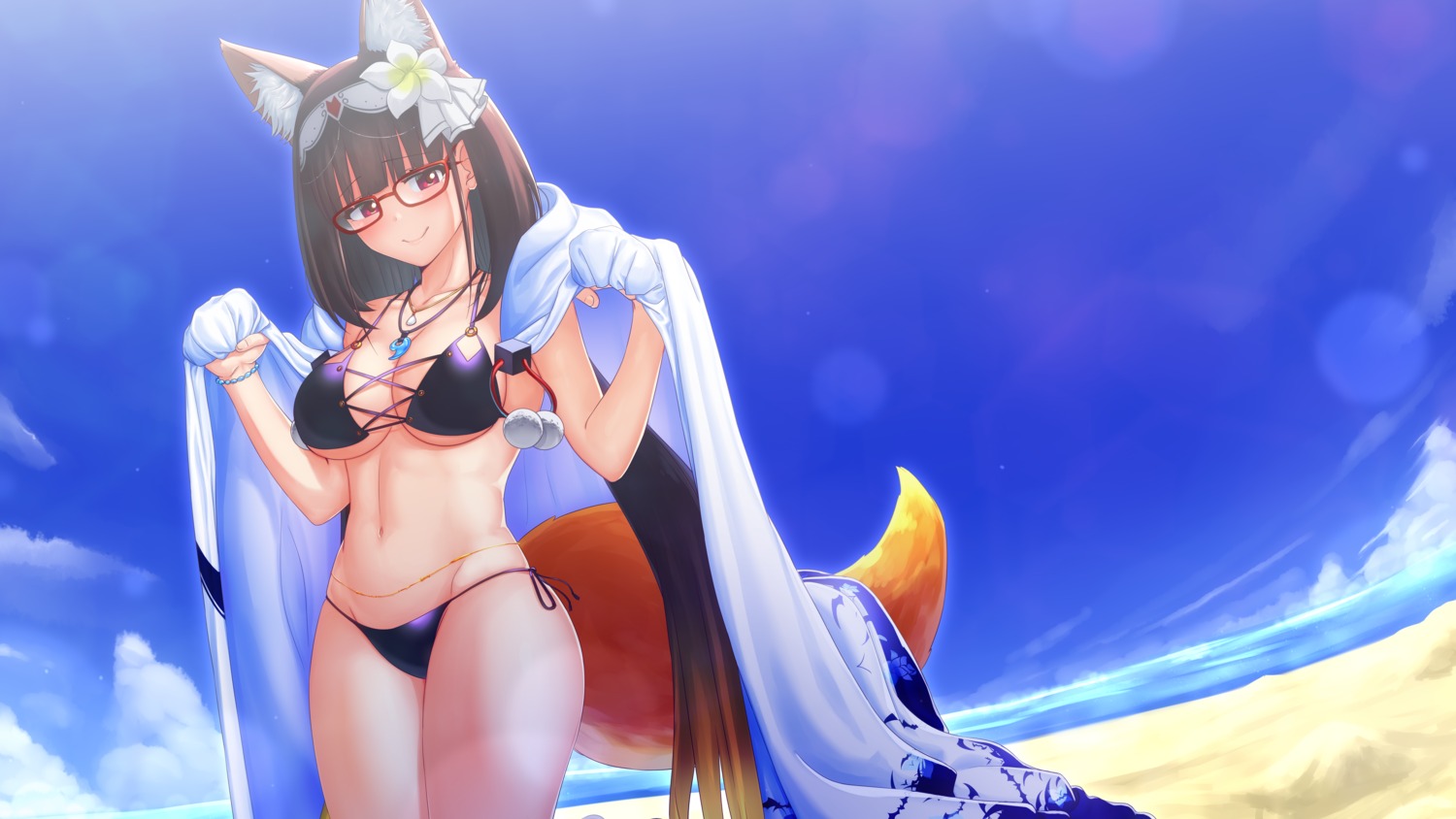 animal_ears bikini cleavage fate/grand_order kitsune megane mkon osakabe-hime_(fate/grand_order) swimsuits tail underboob