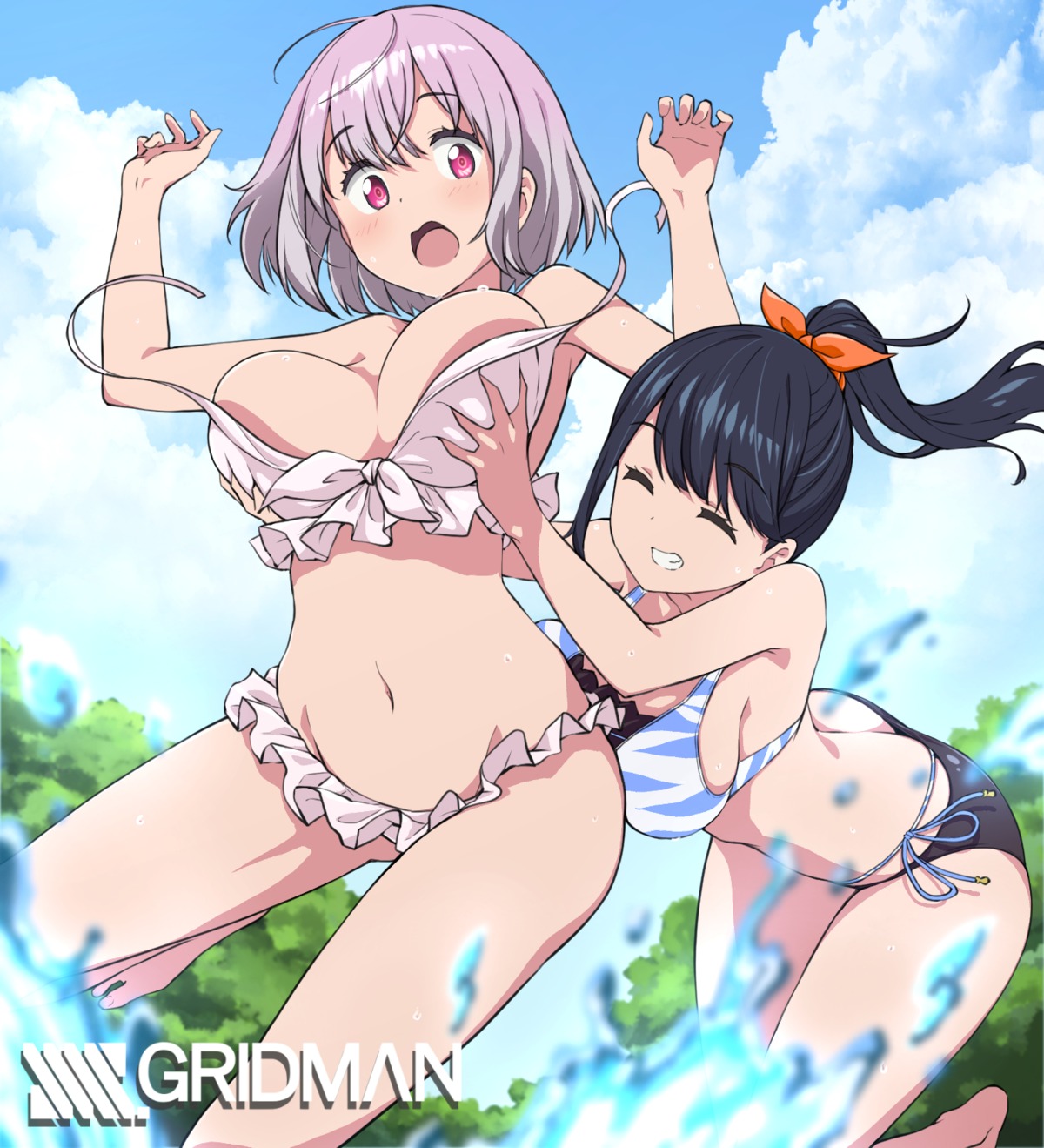 asanaya bikini breast_grab shinjou_akane ssss.gridman swimsuits takarada_rikka wardrobe_malfunction wet yuri