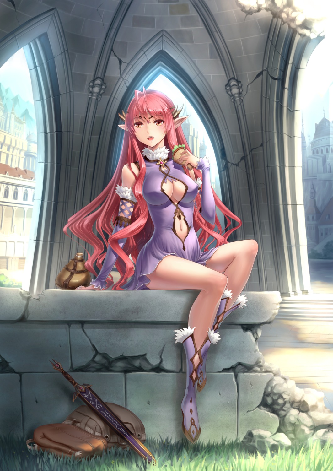 cleavage dress elf erect_nipples heels no_bra open_shirt pointy_ears sword youbou