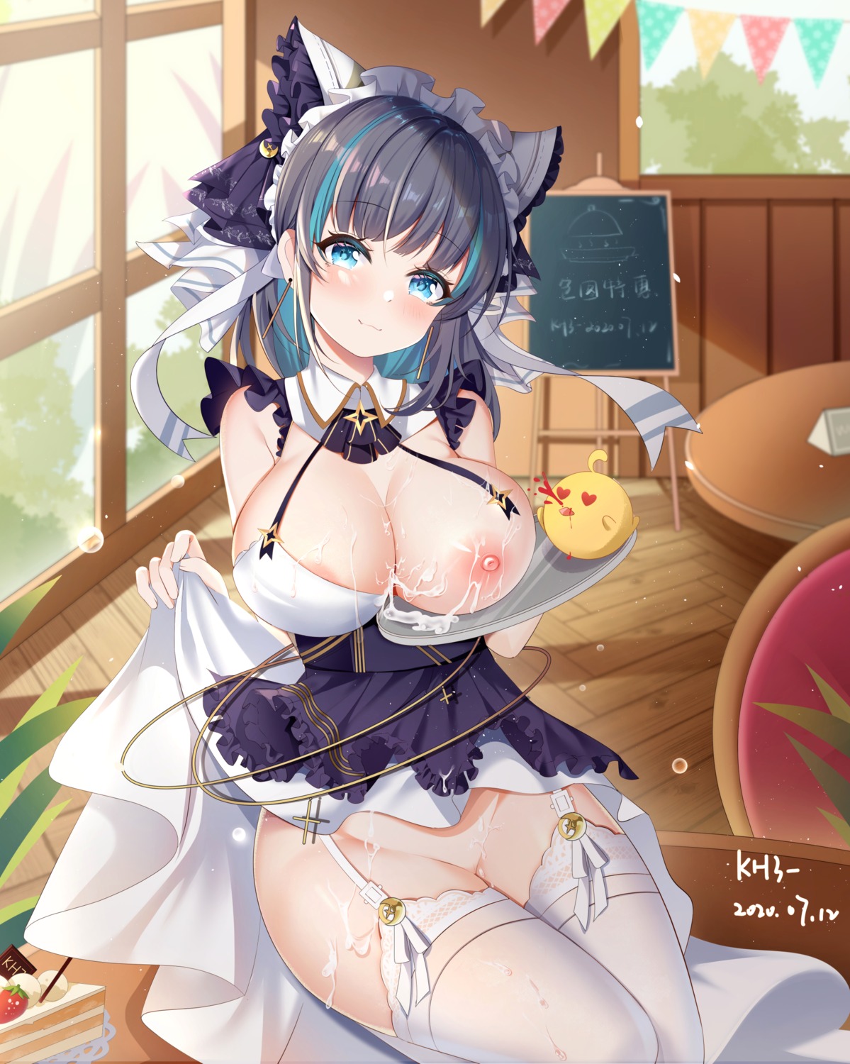 azur_lane blood breasts cheshire_(azur_lane) cum maid manjuu_(azur_lane) miaogujun nipples no_bra nopan skirt_lift stockings thighhighs