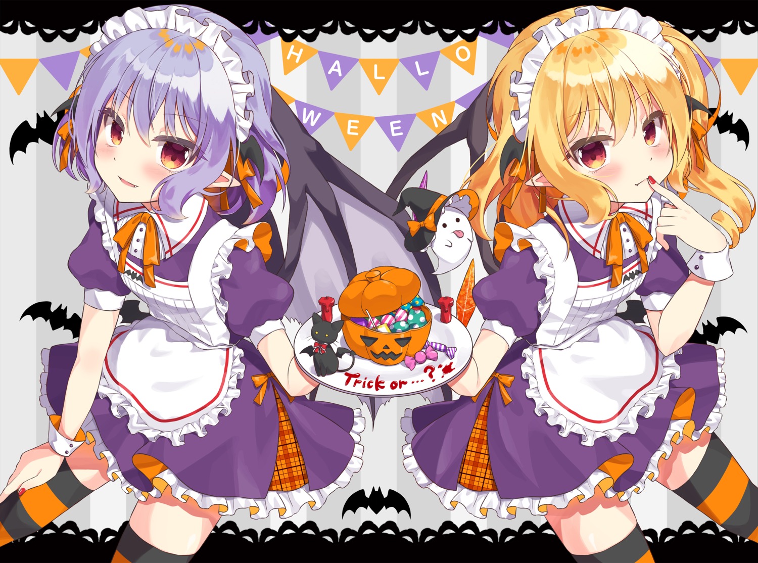 beni_kurage flandre_scarlet halloween maid myon neko pointy_ears remilia_scarlet skirt_lift thighhighs touhou wings