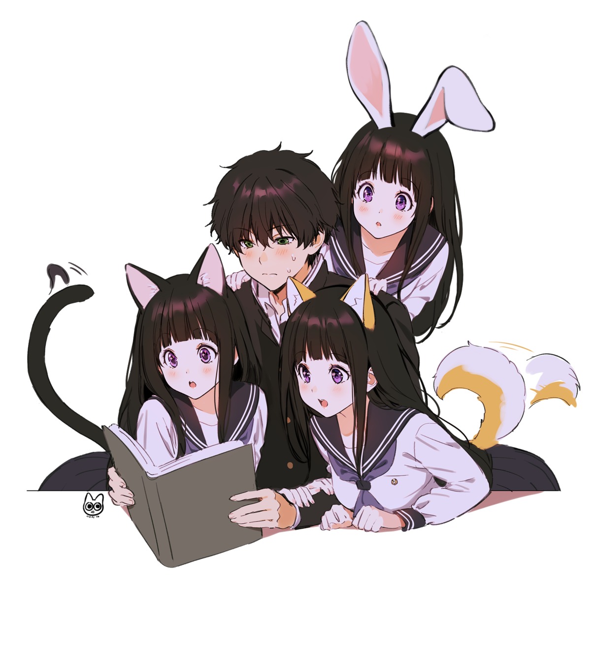 animal_ears bunny_ears chitanda_eru hyouka inumimi mery_(yangmalgage) nekomimi oreki_houtarou seifuku tail