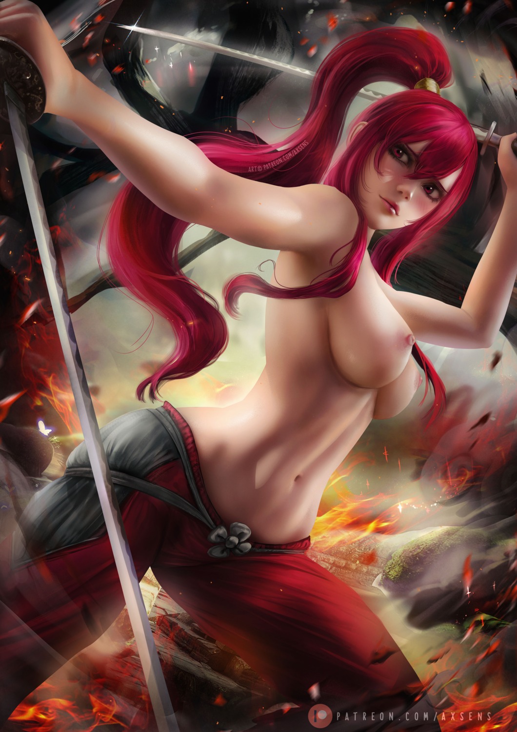 axsens erza_scarlet fairy_tail nipples sword topless