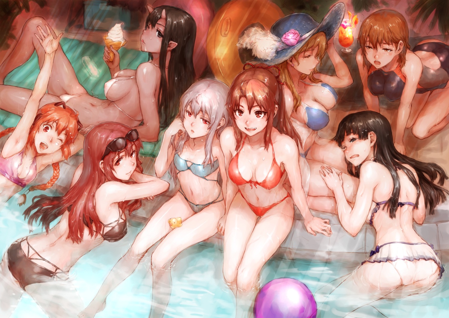 animal_ears ass bikini cleavage horns megane pointy_ears sasagawa_(haikaiki) see_through swimsuits wet