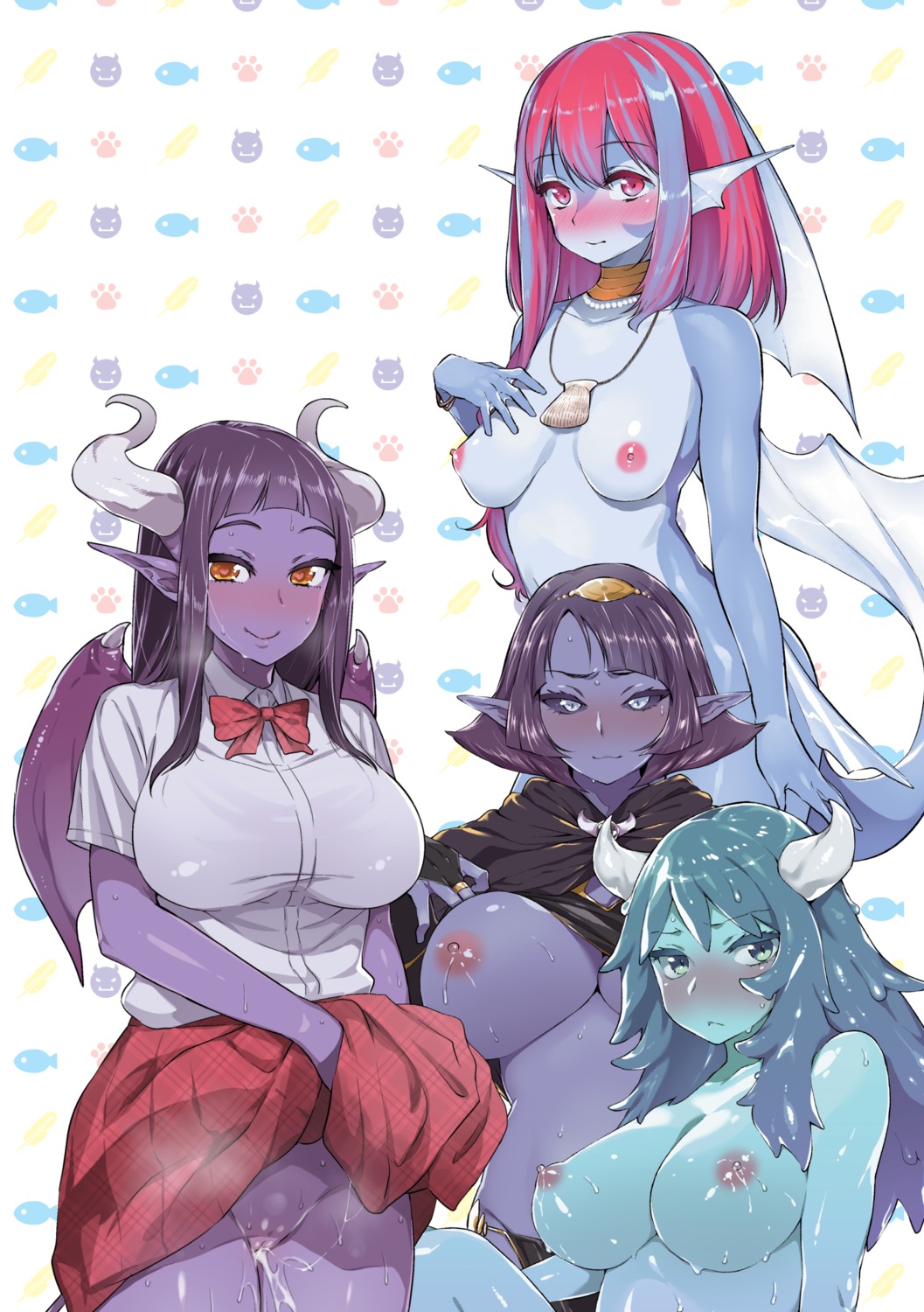 breast_hold breasts cum devil digital_version horns lactation mermaid mizone monster_girl naked nipples nopan pantsu pointy_ears pussy seifuku skirt_lift topless uncensored wet