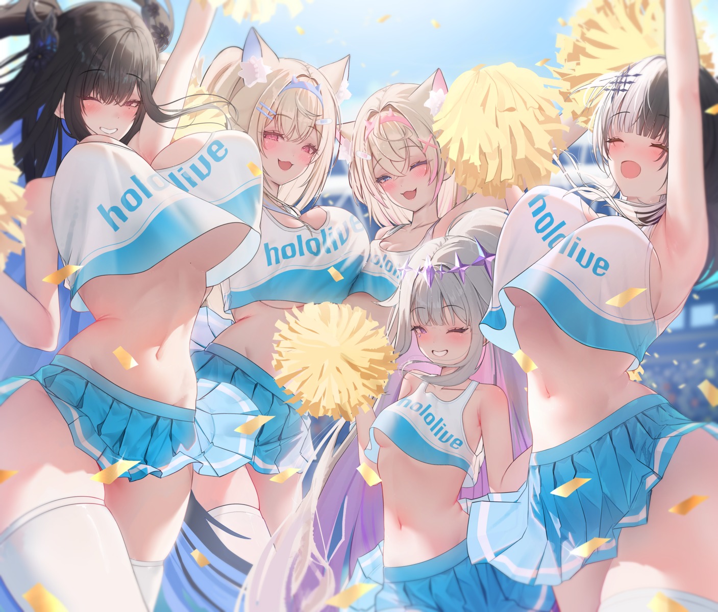 animal_ears bandaid cheerleader fuwawa_abyssgard hololive hololive_english horns inumimi koseki_bijou mococo_abyssgard nerissa_ravencroft no_bra prab see_through shiori_novella shirt_lift skirt_lift symmetrical_docking thighhighs underboob