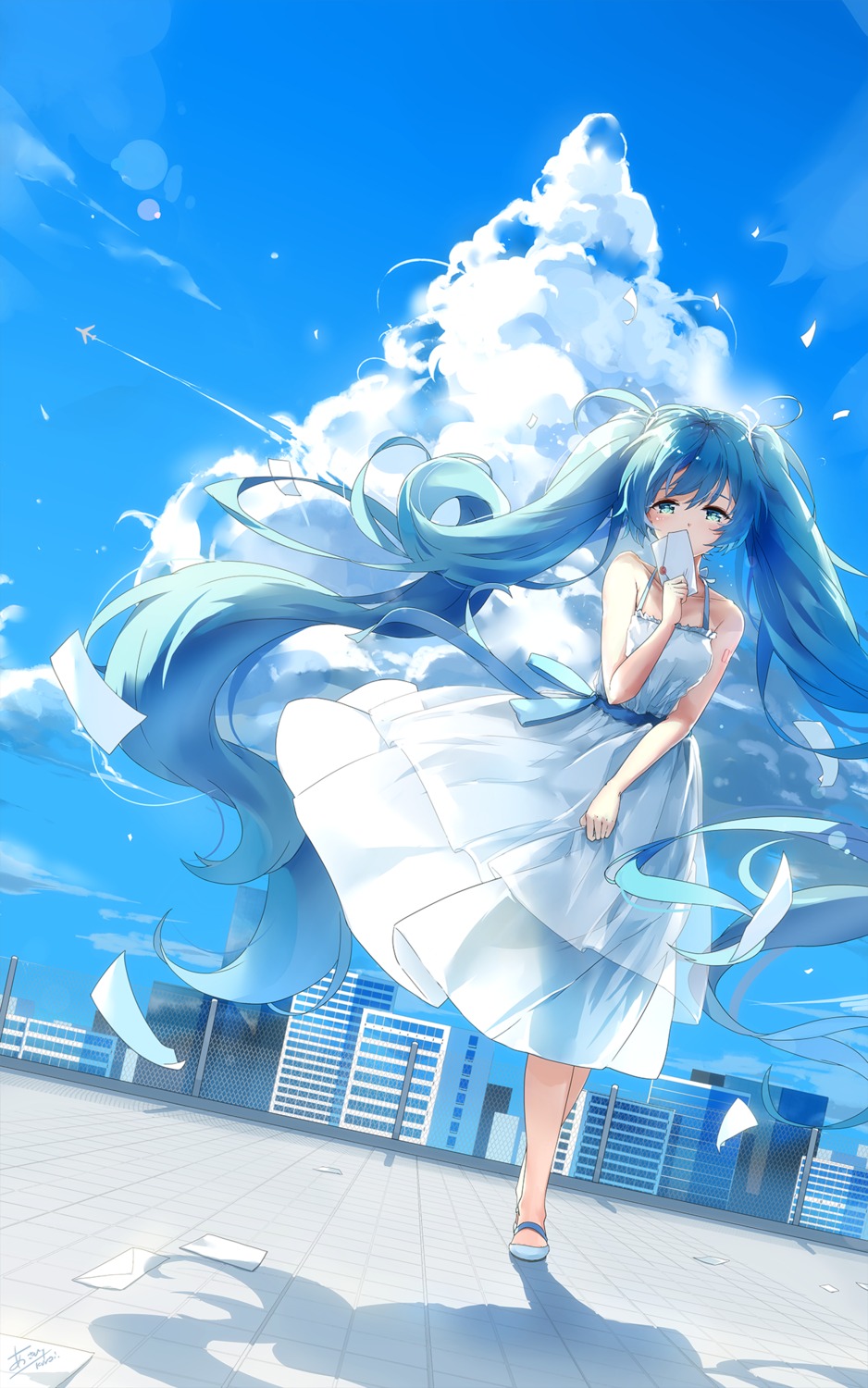 asahi_kuroi dress hatsune_miku skirt_lift summer_dress vocaloid